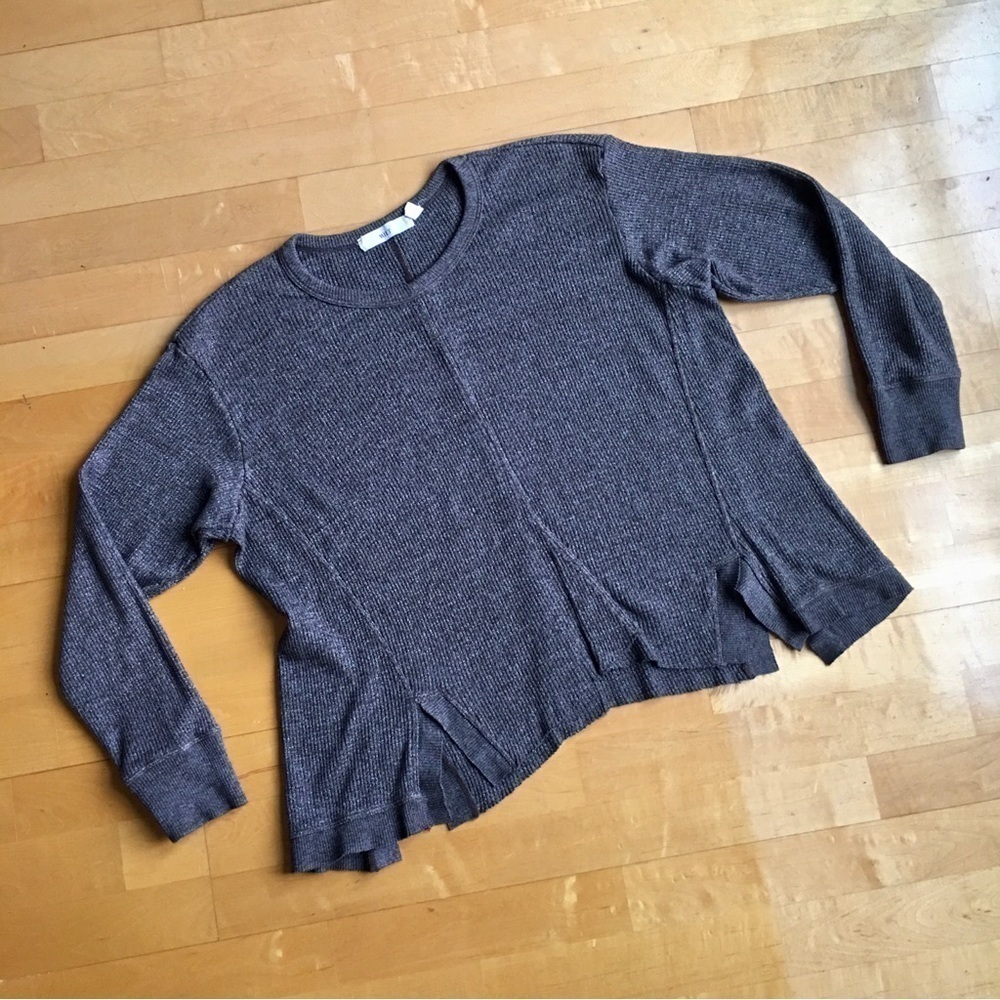 WILT Notched Hem Thermal Crewneck Lightweight Sweater, Brown Heather, Size S - Picture 4 of 17